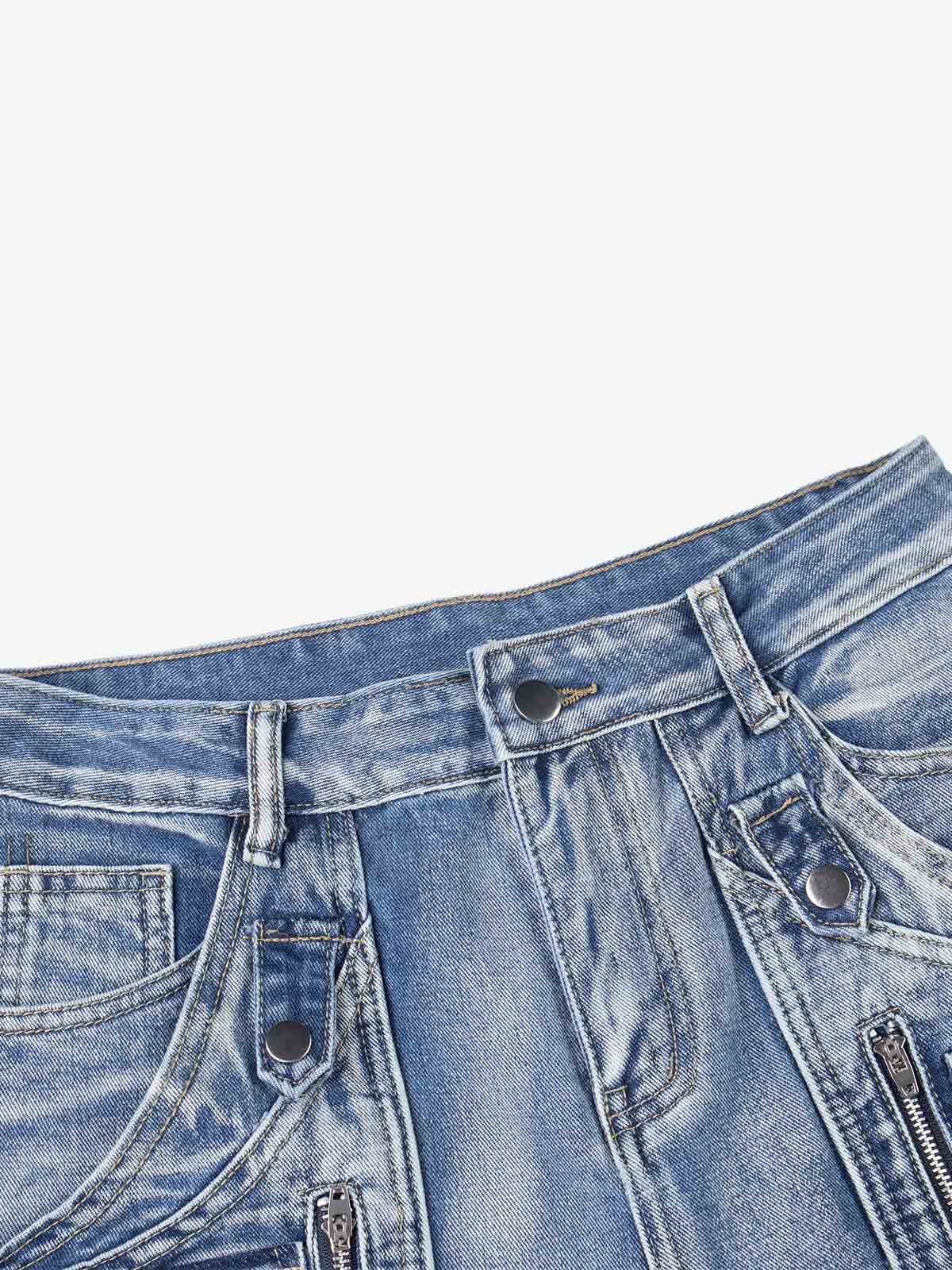 Washed Multi-Pocket Curved-Seam Cargo Jeans