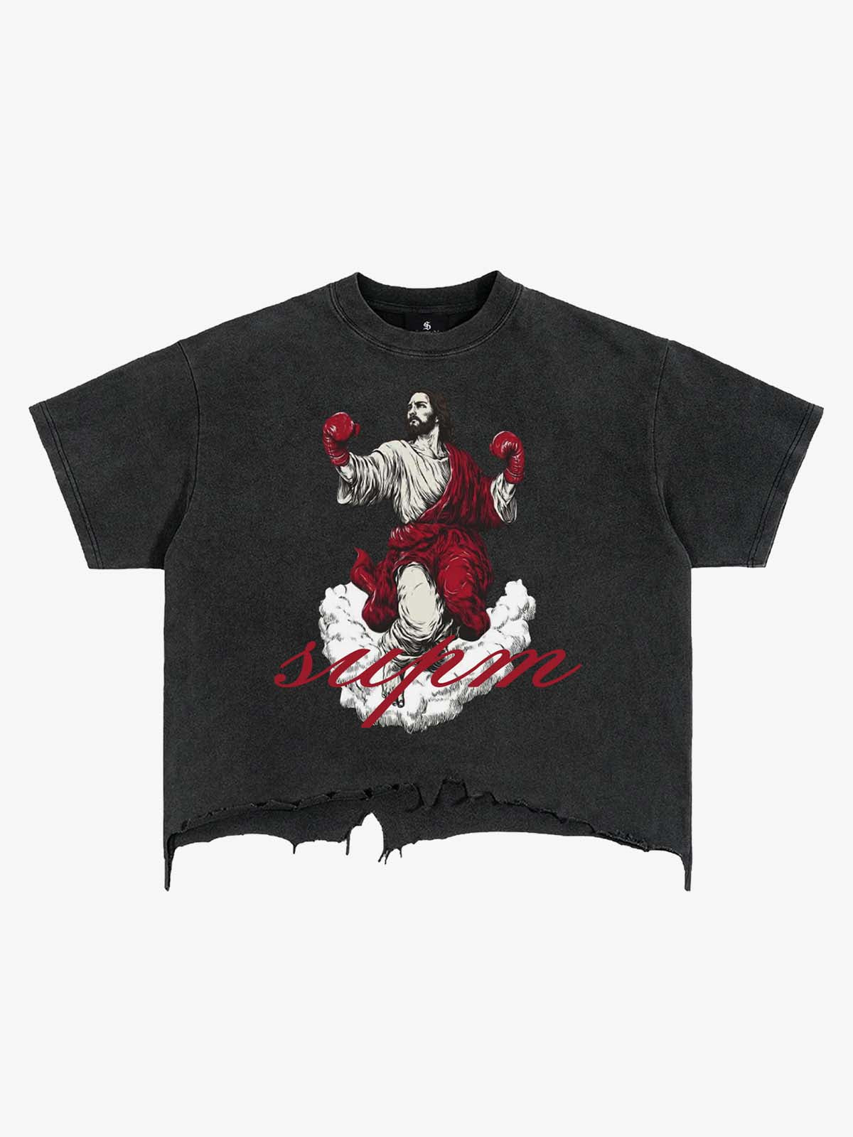 T-shirt corta oversize in cotone nero effetto invecchiato con orlo sfrangiato