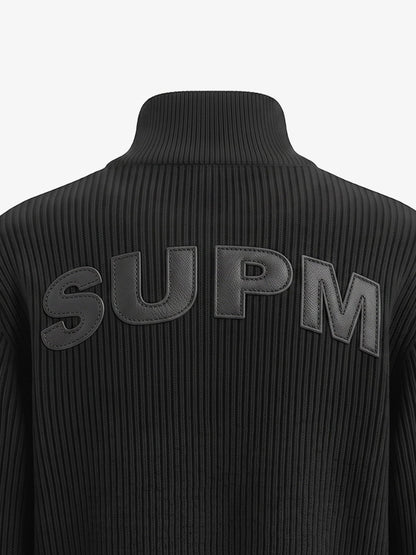 Leather Patch Embroidered Zip Cardigan