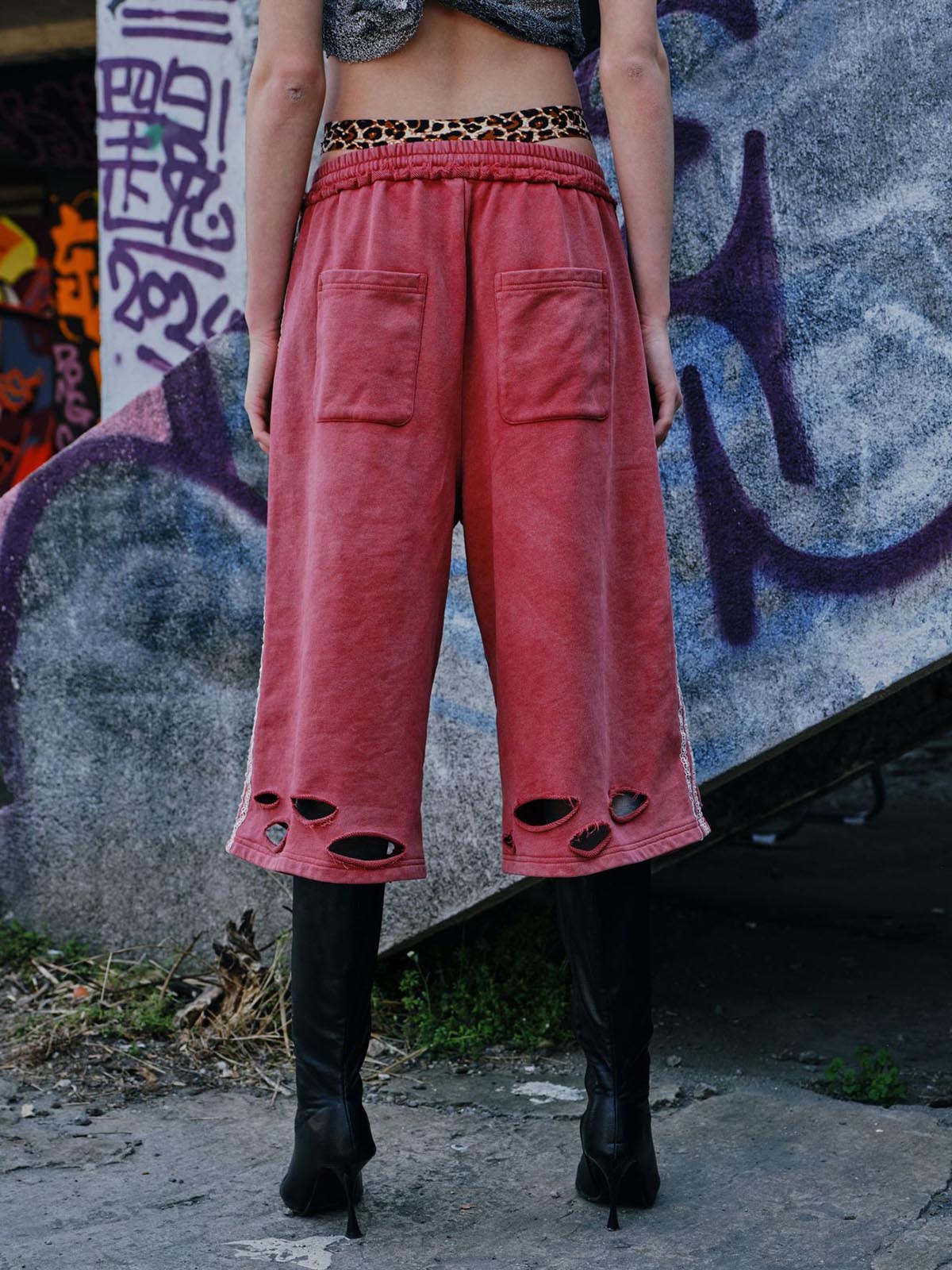 Distressed Ripped Red Culotte Jorts 