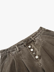 Multi-Button Pleated Curved-Leg Jeans