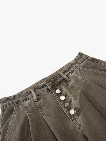 Multi-Button Pleated Curved-Leg Jeans