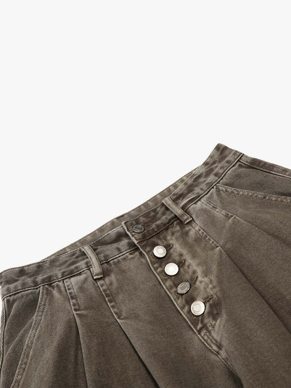 Multi-Button Pleated Curved-Leg Jeans