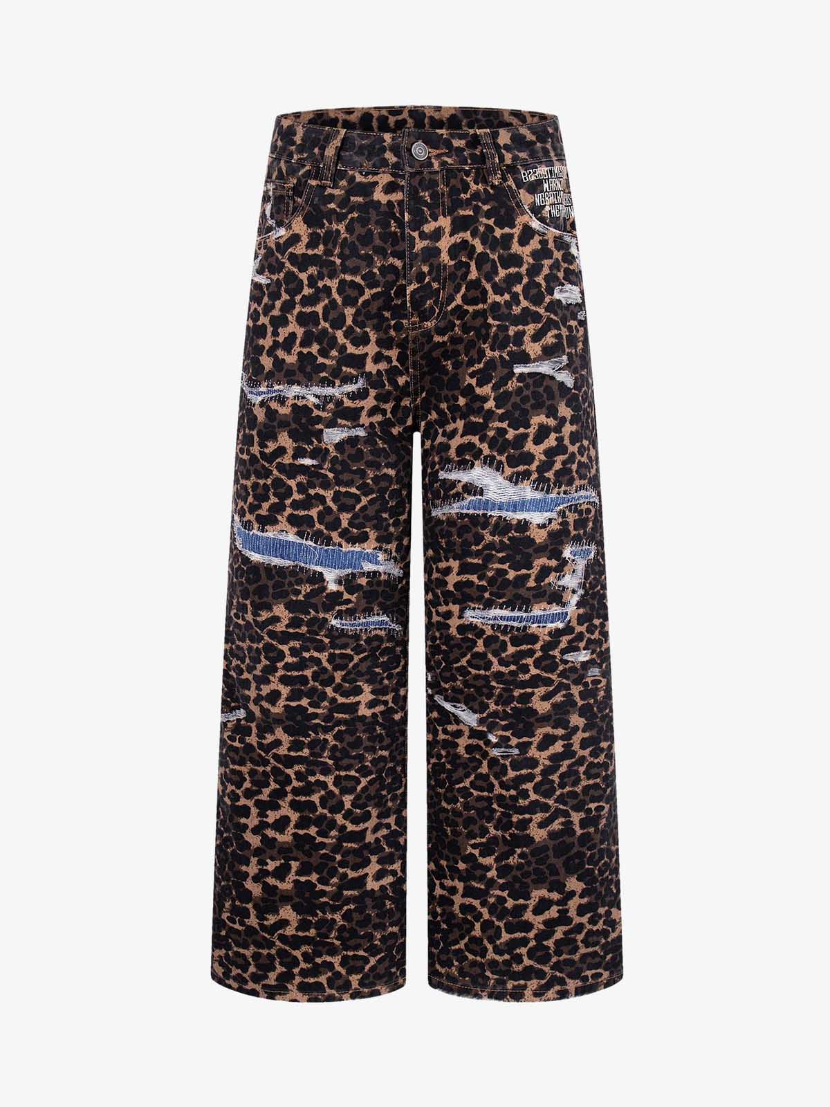 Bold Leopard Print Distressed Wide-Leg Jeans 