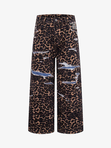 Bold Leopard Print Distressed Wide-Leg Jeans 