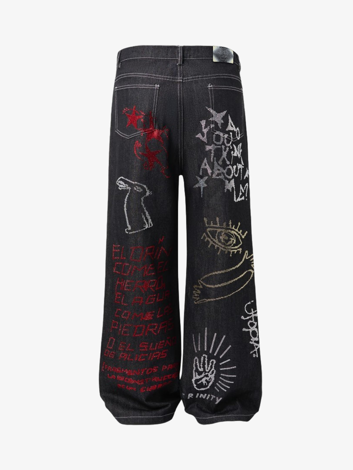 Denim Graffiti Wide Leg Pants with Embroidered Art Design and Bold Statement Text 
