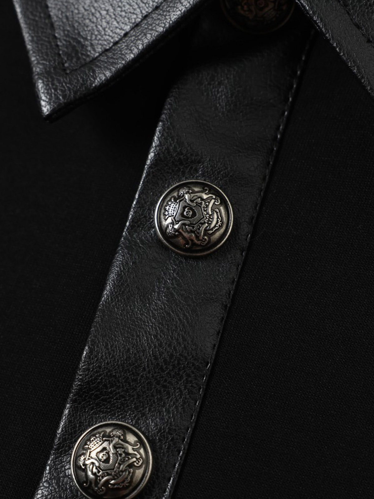 Distressed Graphic Faux Leather Long Sleeve Polo