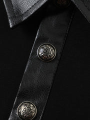 Distressed Graphic Faux Leather Long Sleeve Polo