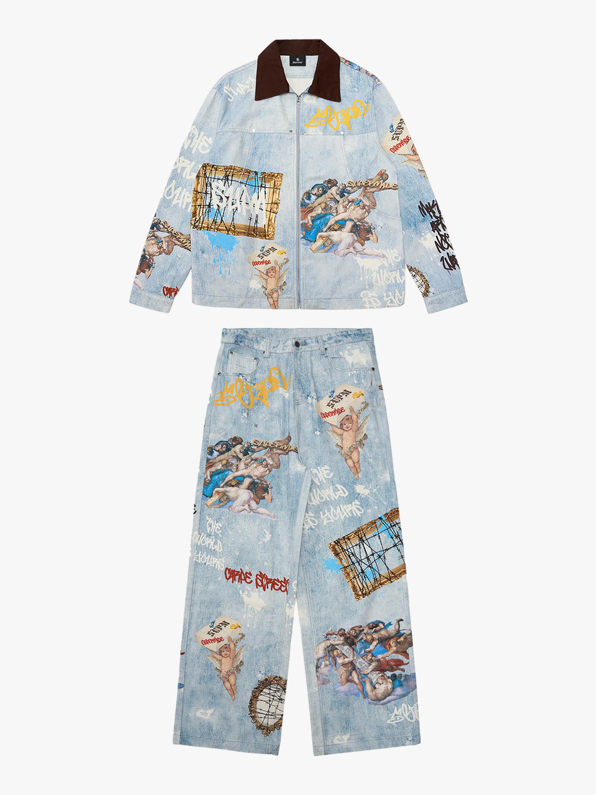 Artistic Graffiti Print Denim Jacket and Pants Set 