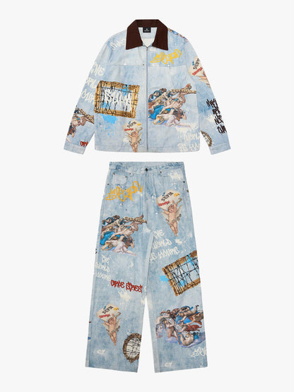 Artistic Graffiti Print Denim Jacket and Pants Set 