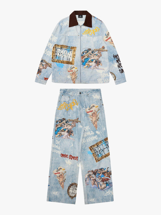 Artistic Graffiti Print Denim Jacket and Pants Set 