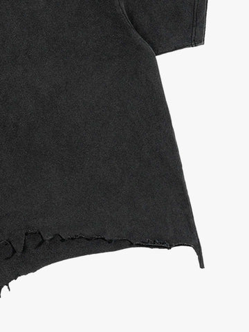 Distressed Black Cotton Oversized Cropped T-Shirt with Raw Hem
