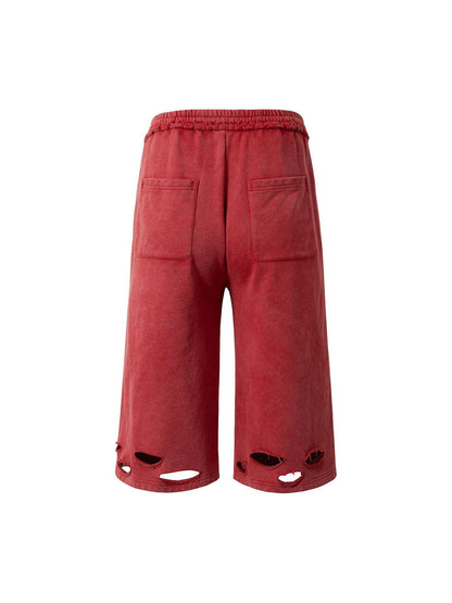 Distressed Ripped Red Culotte Jorts 