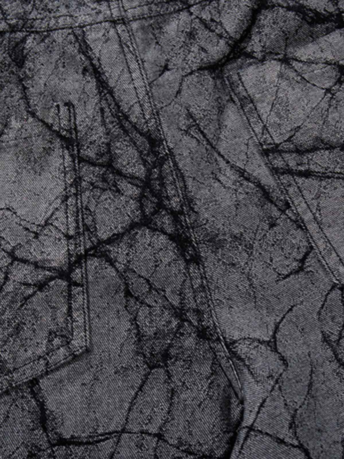 Cotton Blend Wide Leg Pants with Cracked Print and Black Panel Details 