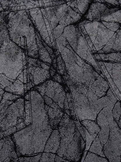 Cotton Blend Wide Leg Pants with Cracked Print and Black Panel Details 