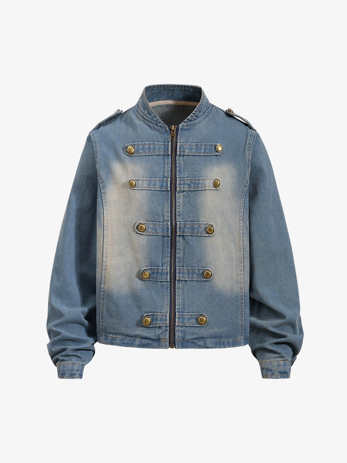 Washed Double-Breasted Stand-Collar Denim Jacket
