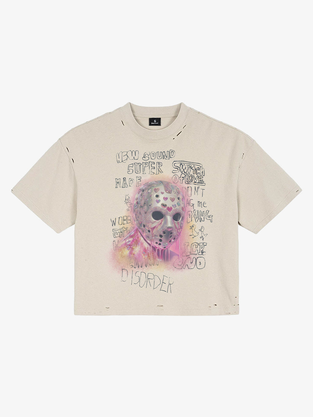 Distressed Heart Cutout Skull Mask Graphic T-Shirt 