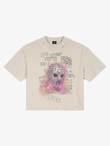 Distressed Heart Cutout Skull Mask Graphic T-Shirt 