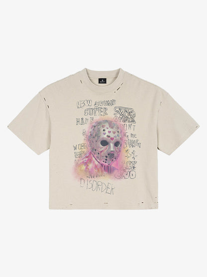Distressed Heart Cutout Skull Mask Graphic T-Shirt 