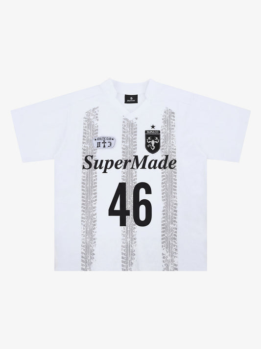 SuperMade cotton-blend vintage sports jersey with scorpion badge embroidery, tire pattern and number 46 print. 