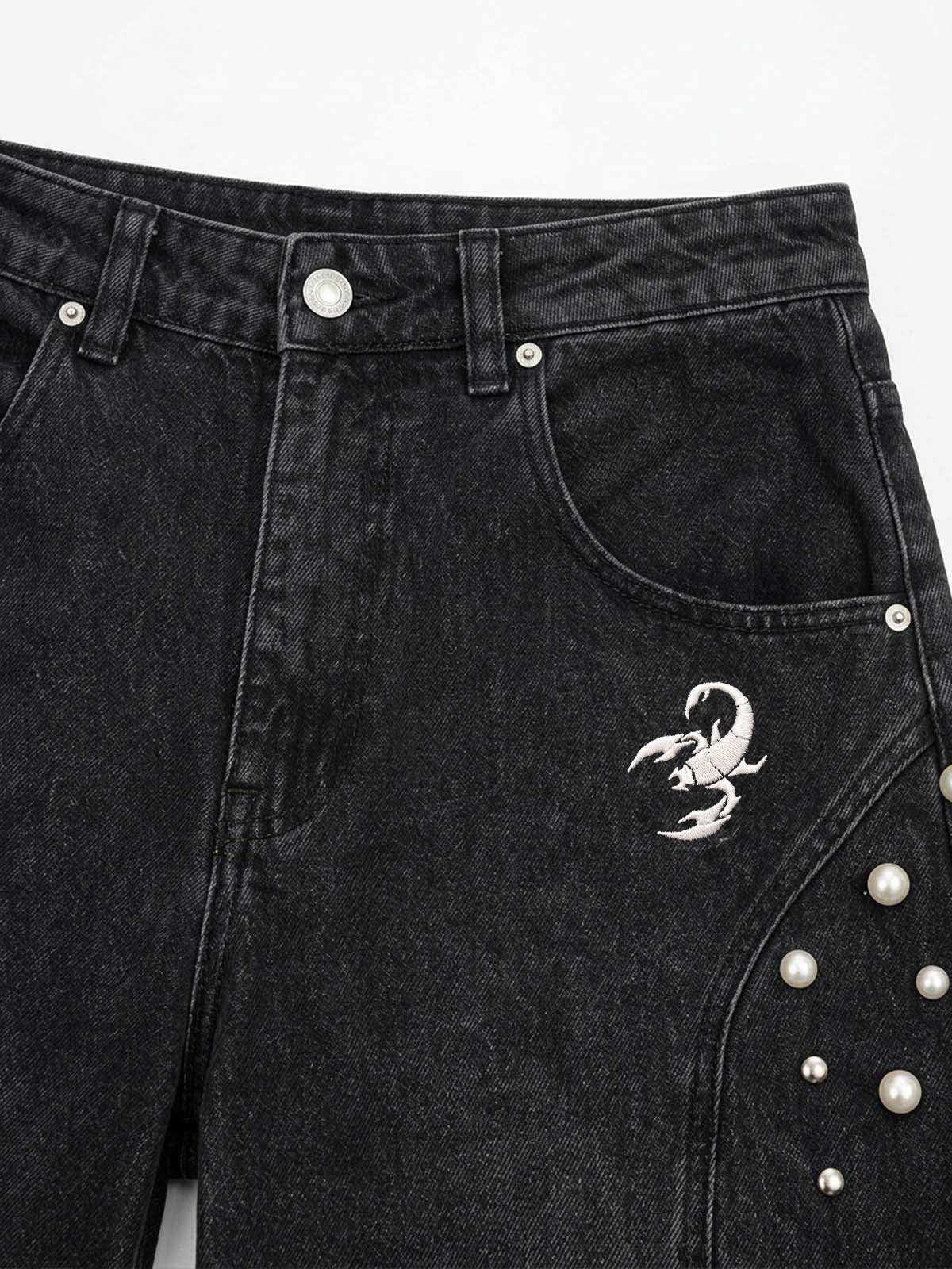 Scorpion Embroidered Pearl-Studded Distressed Straight-Leg Jeans