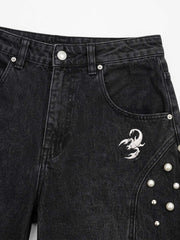Scorpion Embroidered Pearl-Studded Distressed Straight-Leg Jeans