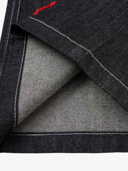 Denim Graffiti Wide Leg Pants with Embroidered Art Design and Bold Statement Text 