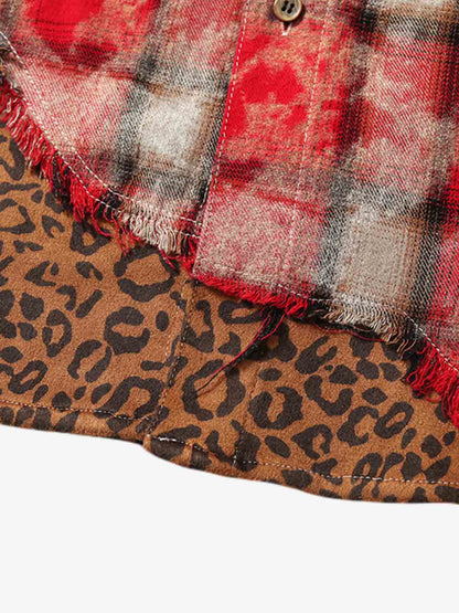 Plaid Hooded Jacket with Leopard Trim and Unique Accessories 