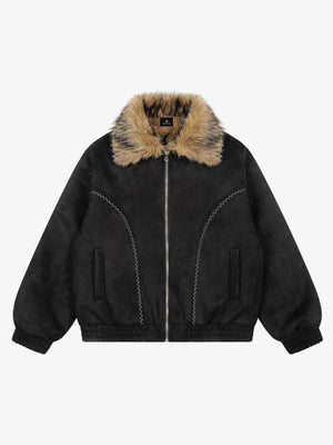 Vintage Distressed Deconstructed Faux Fur Collar Jacket 