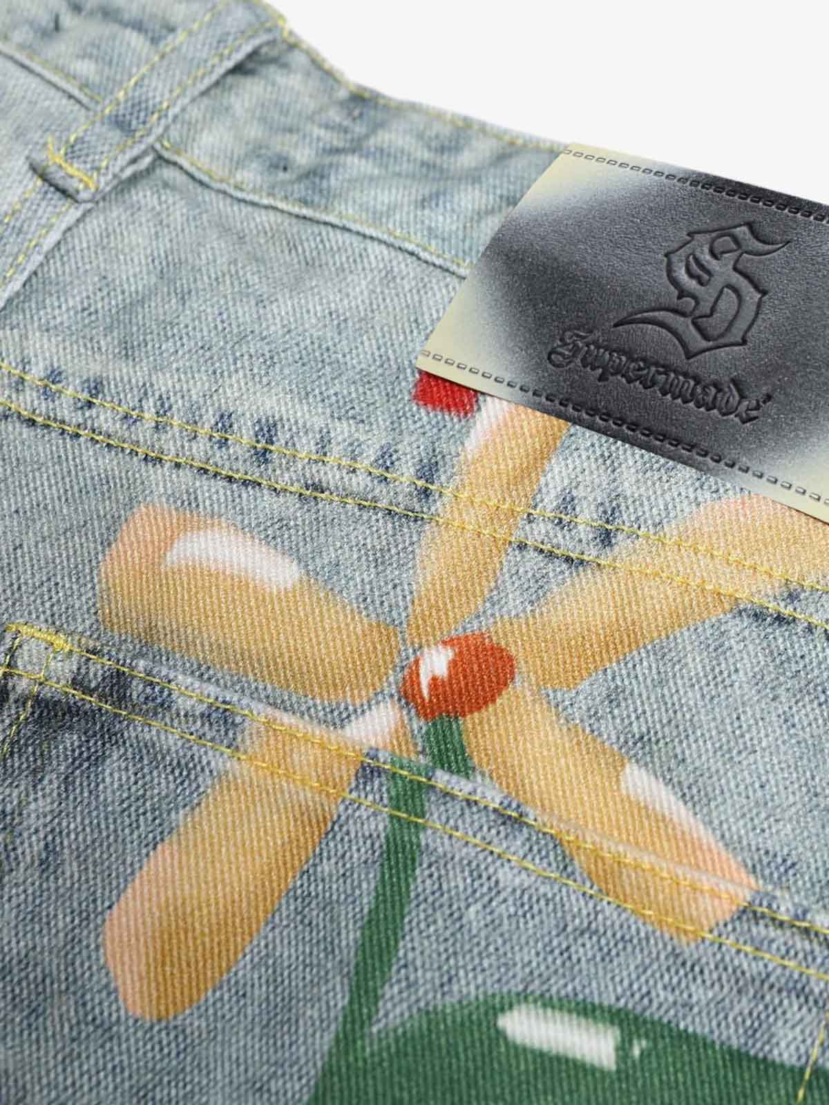 Denim Painted Animal Print Wide Leg Jeans with Cartoon Cat Dog Design 