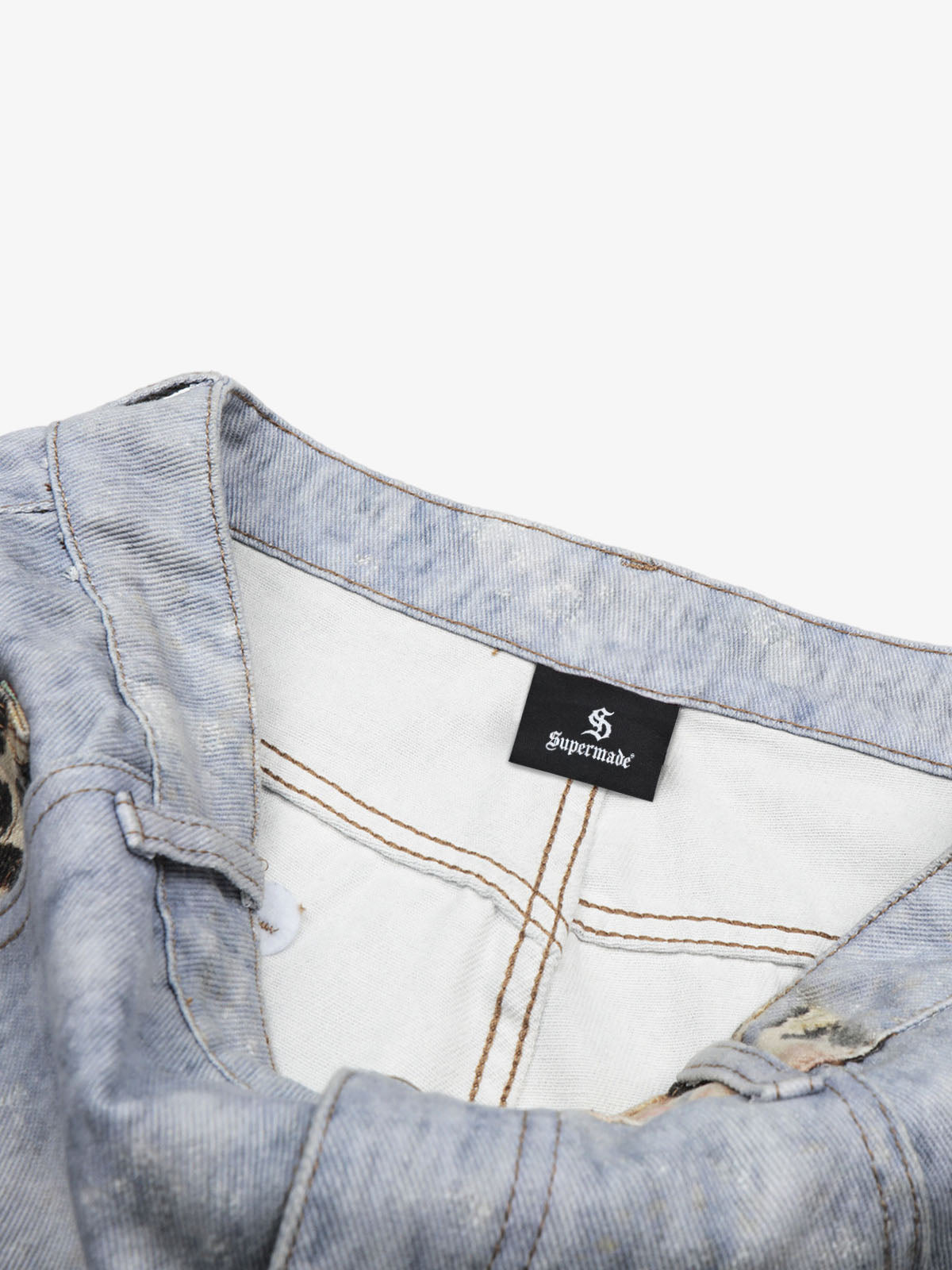 Light Wash Denim Shorts with Floral & Leopard Details