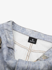 Light Wash Denim Shorts with Floral & Leopard Details