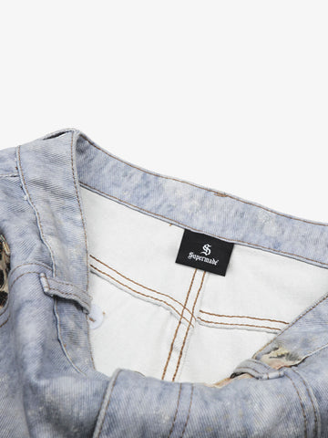 Light Wash Denim Shorts with Floral & Leopard Details