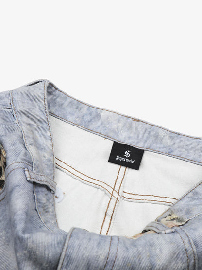 Light Wash Denim Shorts with Floral & Leopard Details