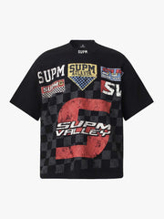 Waffle Knit Racing Checkered Flag Graphic T-Shirt 