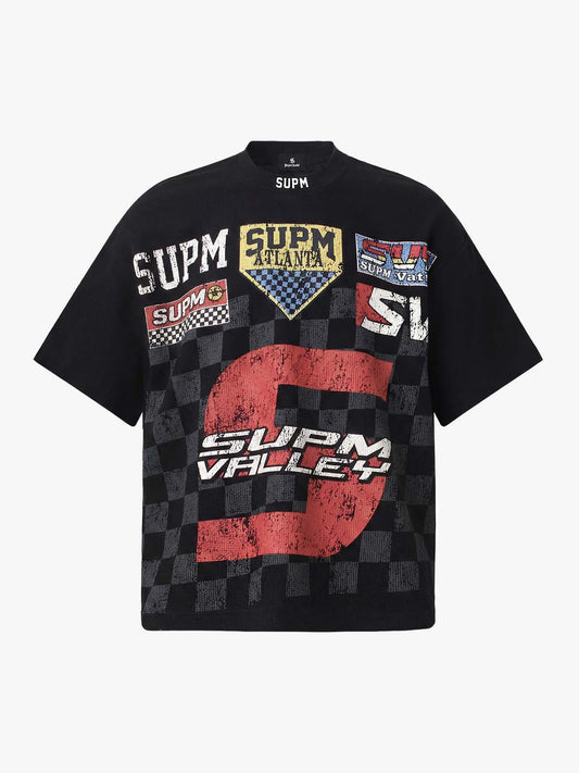 Cotton Oversized Graphic T-Shirt with Newspaper Print and Metal Eyelets 