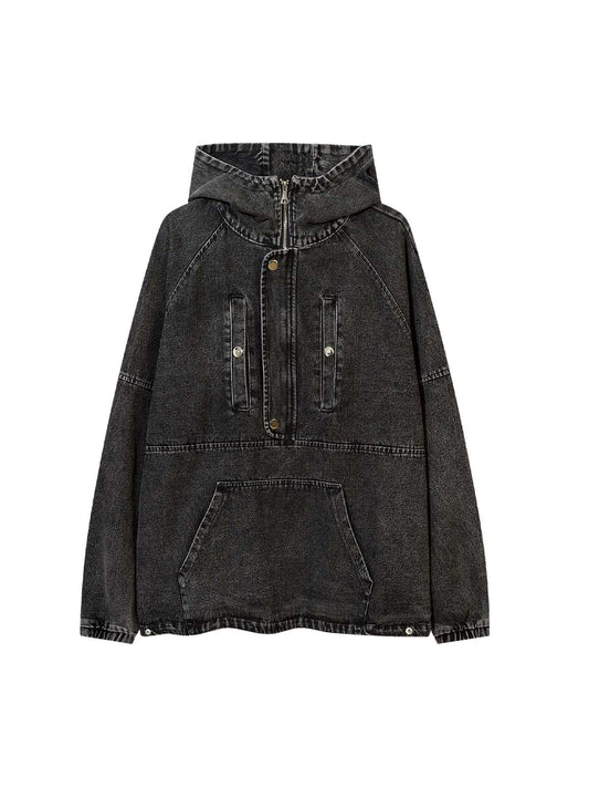 Washed Distressed Metal Zipper Hooded Denim Sweatshirt 