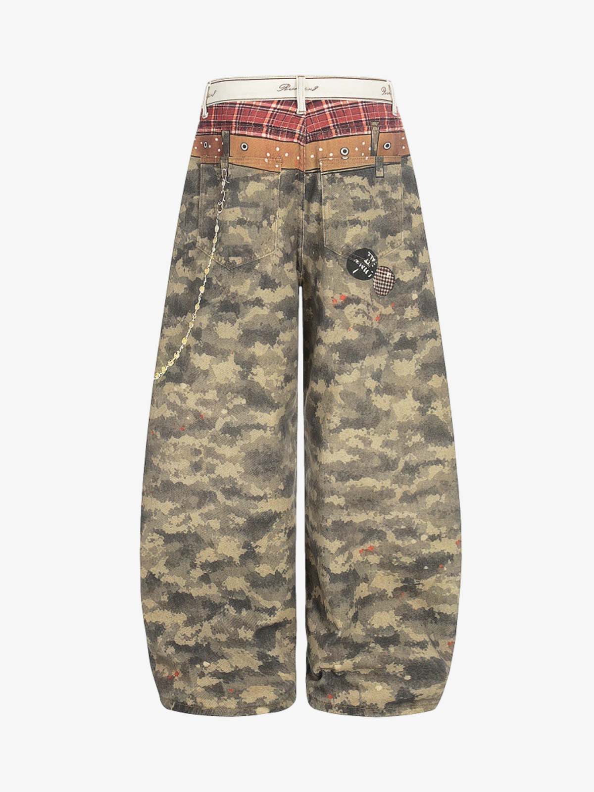 Layered Waist Camo Chain Detail Wide Leg Jeans