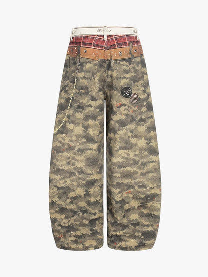 Layered Waist Camo Chain Detail Wide Leg Jeans