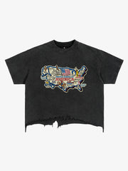 USA Map Ripped Hem T-Shirt 