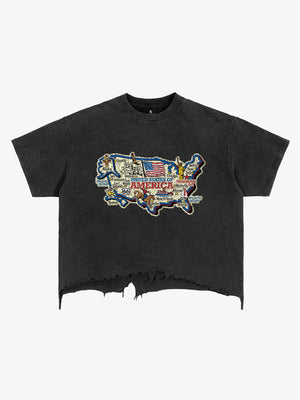 USA Map Ripped Hem T-Shirt 