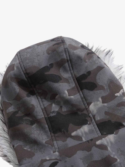 Camoflage Faux Fur Collar Zip Design Bomber Jacket 