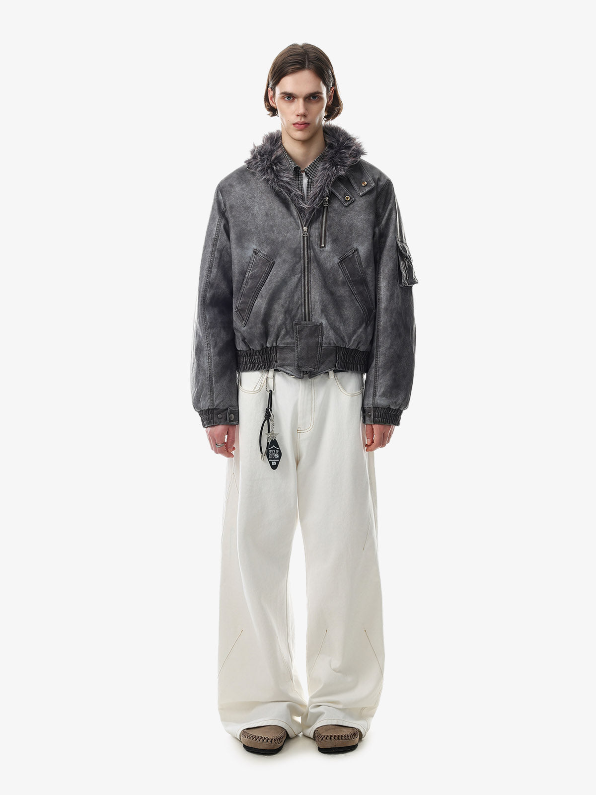 Washed High-Collar Multi-Zip Bomber Coat