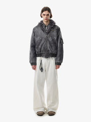 Washed High-Collar Multi-Zip Bomber Coat