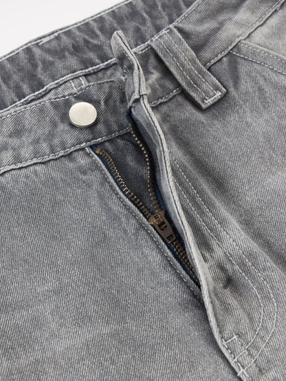 Retro Washed Distressed Curved Blade Wide-Leg Jeans 