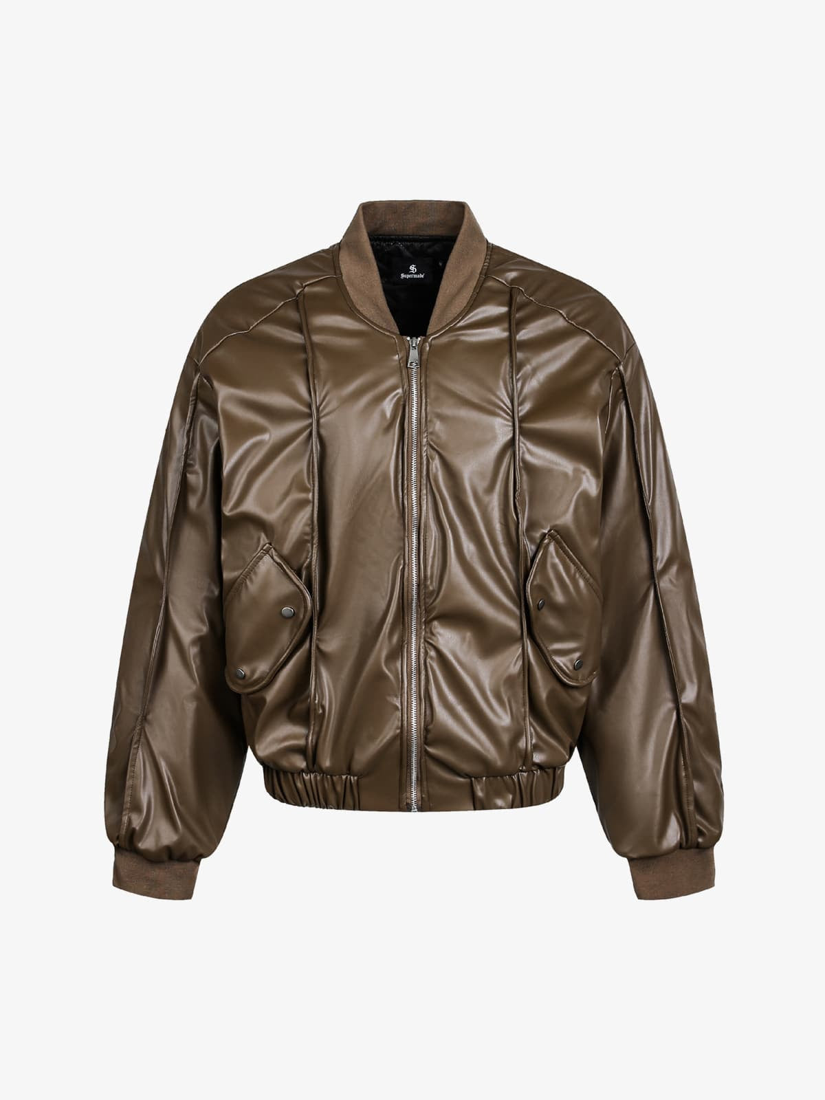 Retro Brown Faux Leather Zip-Up Bomber Jacket 