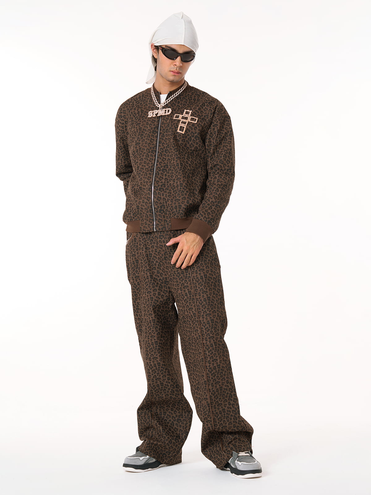 SUPM Graffiti Print and Leather Leopard Print Wide-leg Pants 