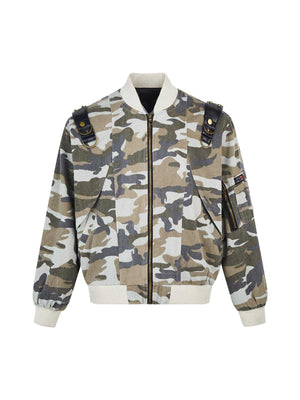 Thesupermade Camouflage Leather Shoulder Pad Denim Bomber Jacket 