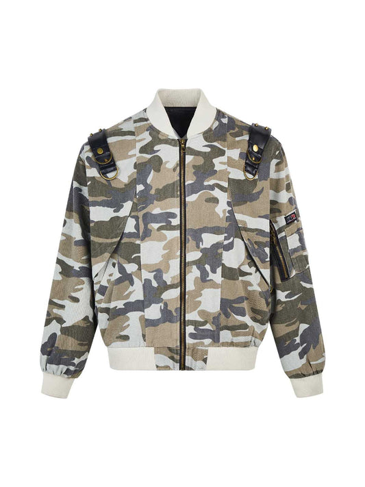 Thesupermade Camouflage Leather Shoulder Pad Denim Bomber Jacket 