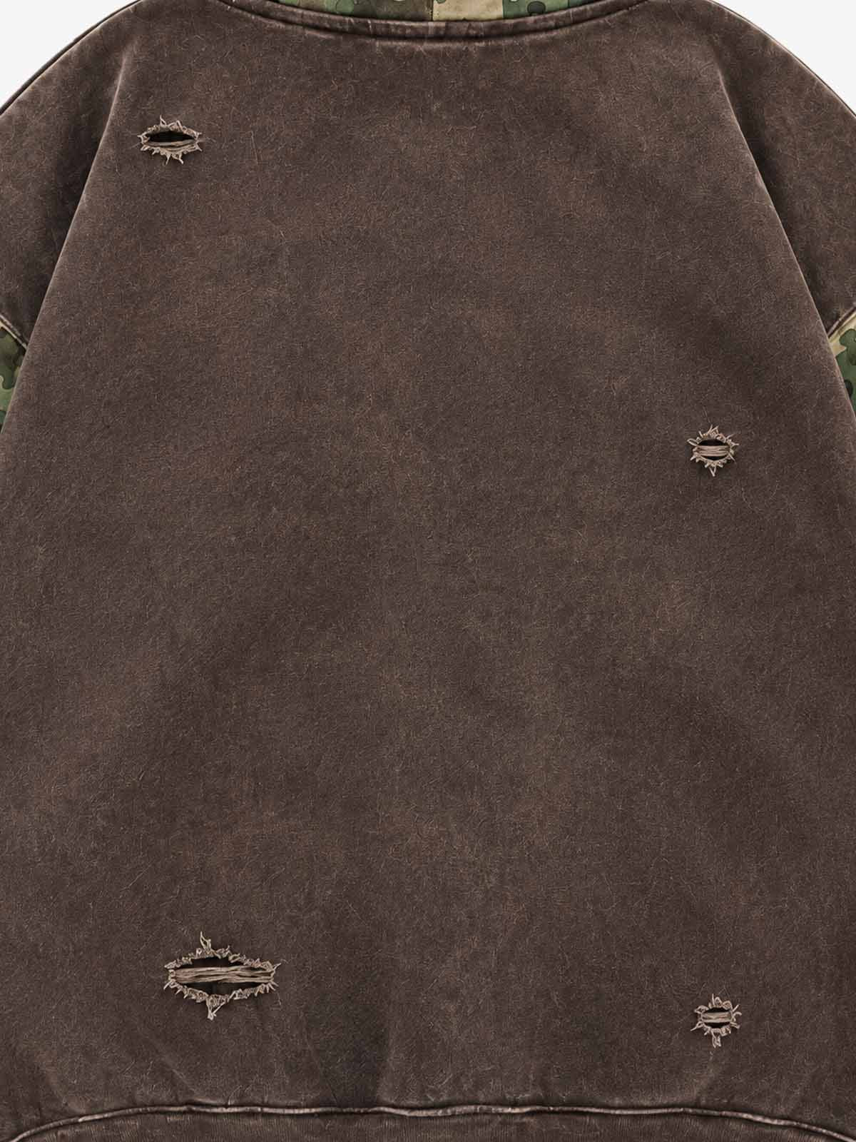 Paneled Camo Washed Distressed Zip Hoodie